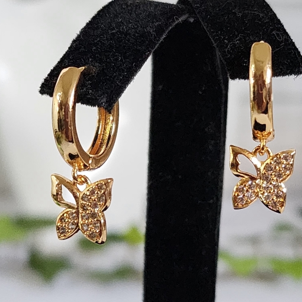 Gold Filled Huggie Hoop Earrings Pave Butterfly Charm
